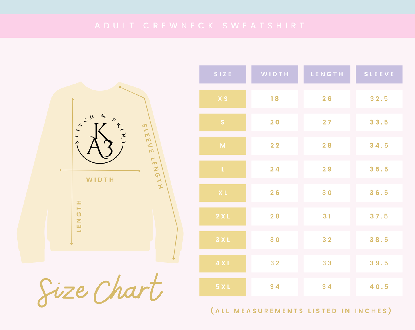 KA3 Adult Crewneck Sweatshirt Size Chart