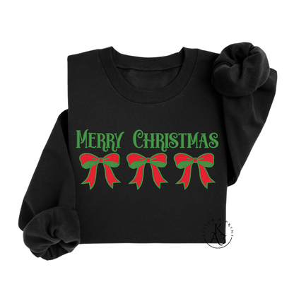 Black sweatshirt with en embroidered 'Merry Christmas' text and red and green bows on a white background
