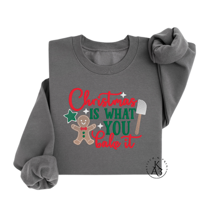 Gray sweatshirt with Christmas-themed design on a white background