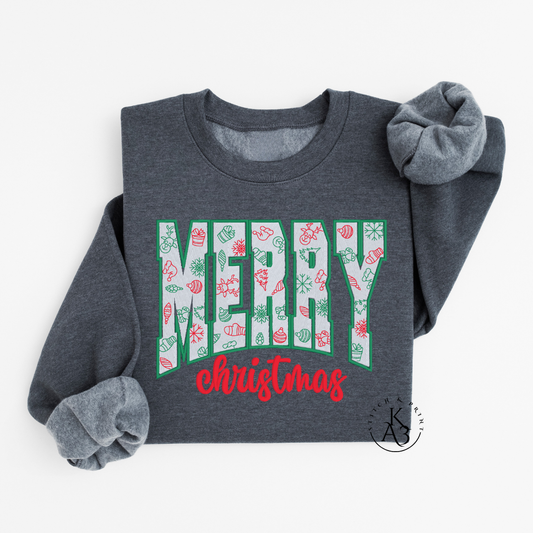 Dark gray sweatshirt with 'Merry Christmas' text design on a white background