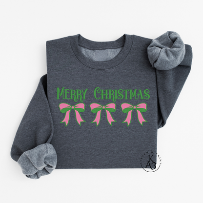 Dark Gray sweatshirt with embroidered  'Merry Christmas' and bow designs on a white background