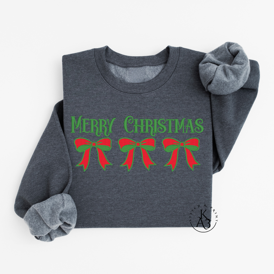 Dark Gray sweatshirt with an embroidered 'Merry Christmas' with red and green bows on a white background