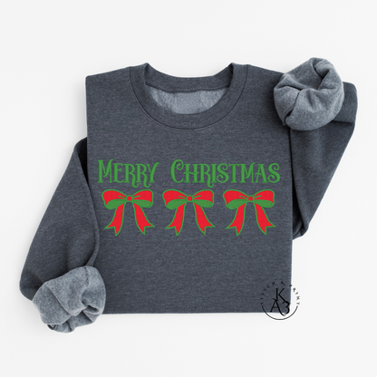 Dark Gray sweatshirt with an embroidered 'Merry Christmas' with red and green bows on a white background