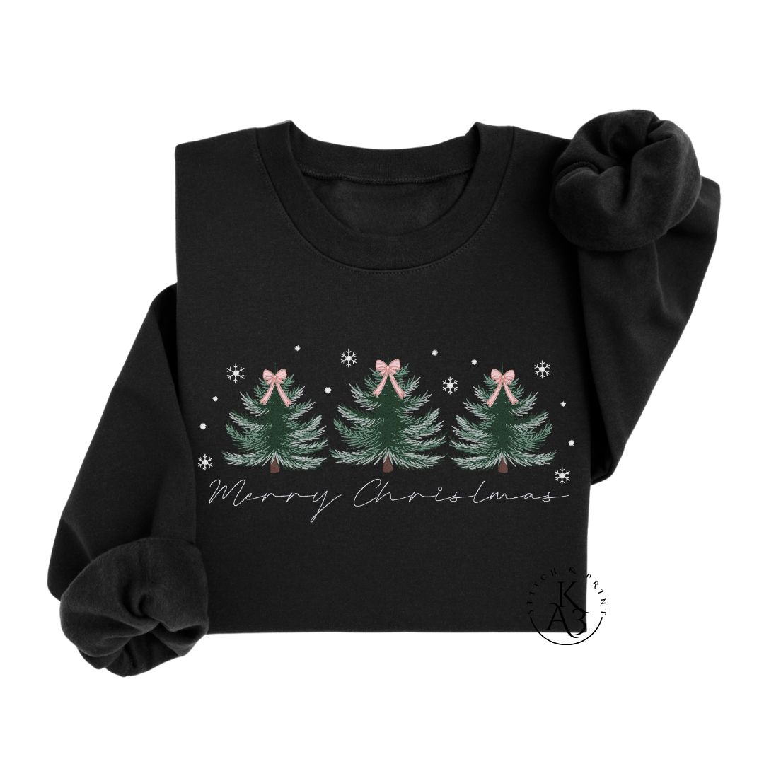 Embroidered Merry Christmas Sweatshirt – Trio of Trees Holiday Crewneck