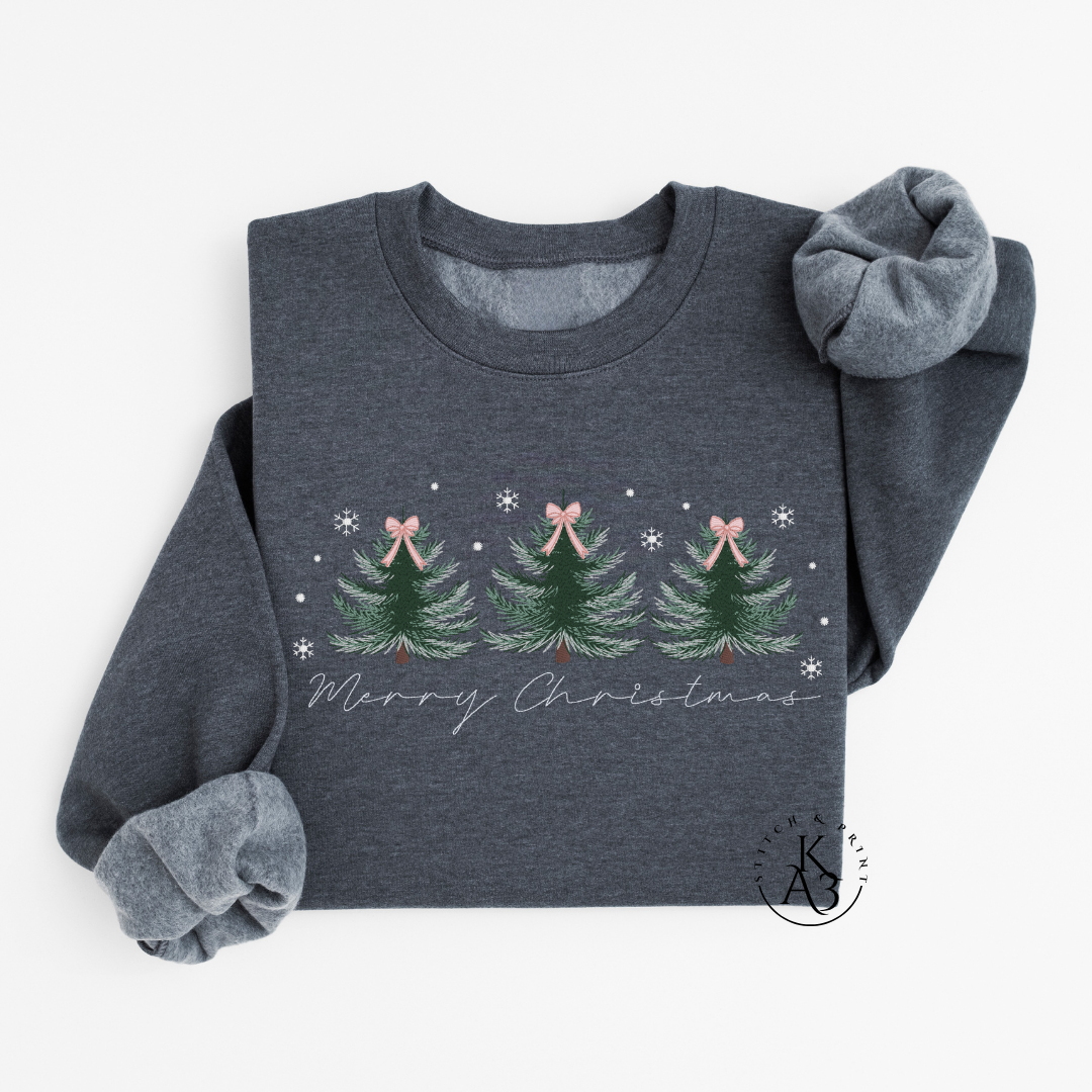 Embroidered Merry Christmas Sweatshirt – Trio of Trees Holiday Crewneck