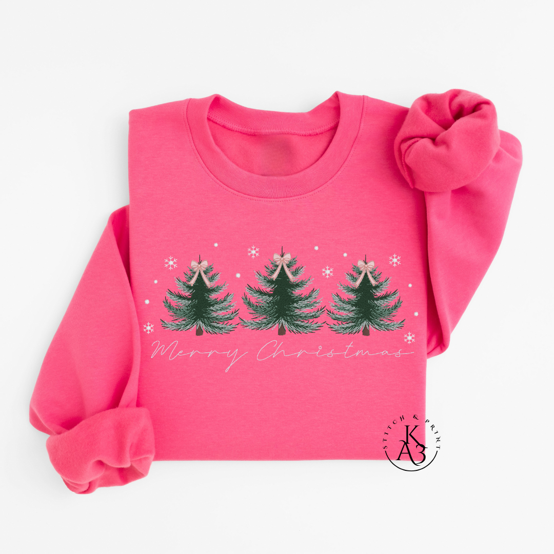 Embroidered Merry Christmas Sweatshirt – Trio of Trees Holiday Crewneck