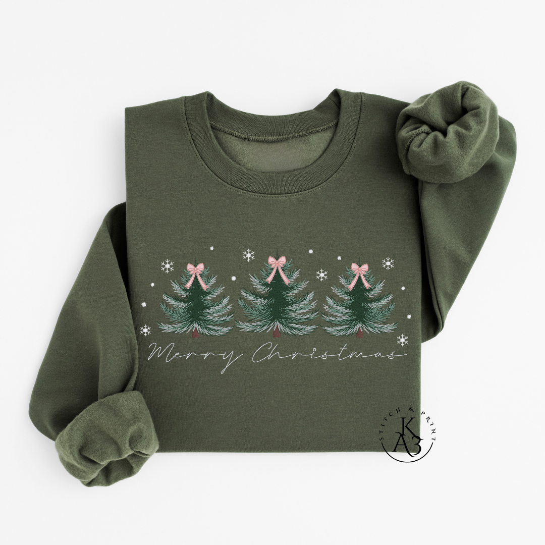 Embroidered Merry Christmas Sweatshirt – Trio of Trees Holiday Crewneck