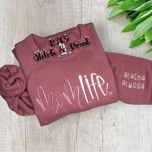 Mauve Embroidered Mom Life Sweatshirt with kids names on sleeve