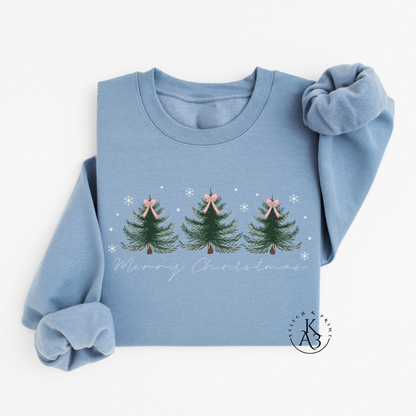 Embroidered Merry Christmas Sweatshirt – Trio of Trees Holiday Crewneck