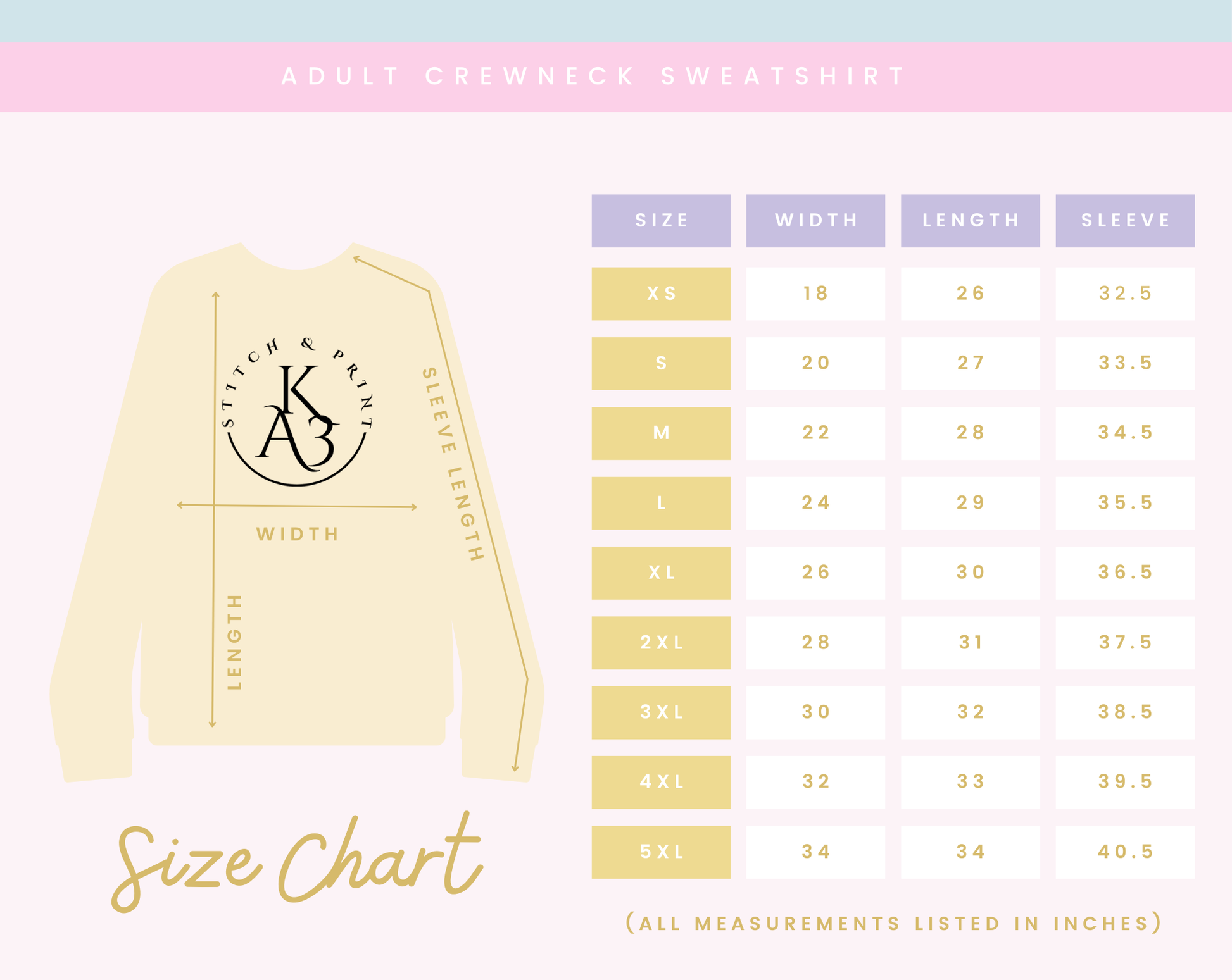 KA3 Adult Crewneck Sweatshirt Size Chart