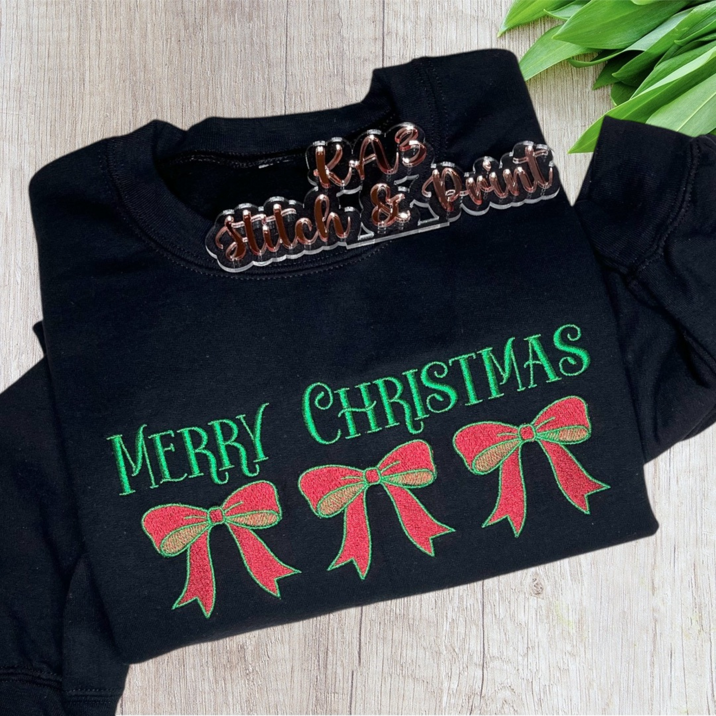 Black Embroidered Merry Christmas with 3 Bows embroidered sweatshirt