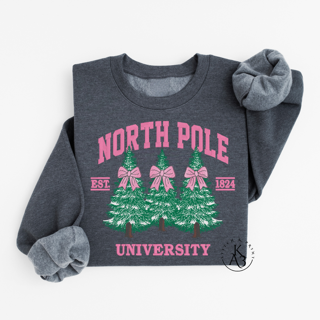 Dark gray sweatshirt with embroidered 'North Pole University' print on a white background
