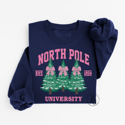 Navy blue sweatshirt with embroidered 'North Pole University' design on a white background