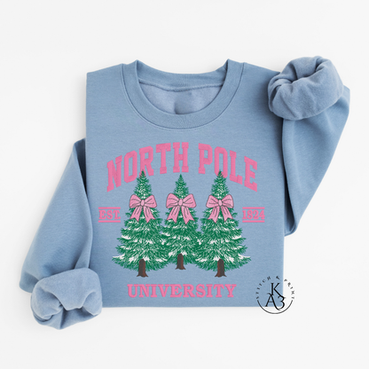 Light blue sweatshirt with embroidered 'North Pole University' text and Christmas tree design on a white background