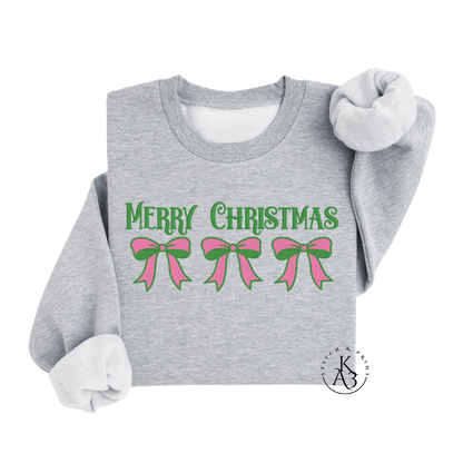 Gray sweatshirt with embroidered 'Merry Christmas' text pink and green bows on a white background
