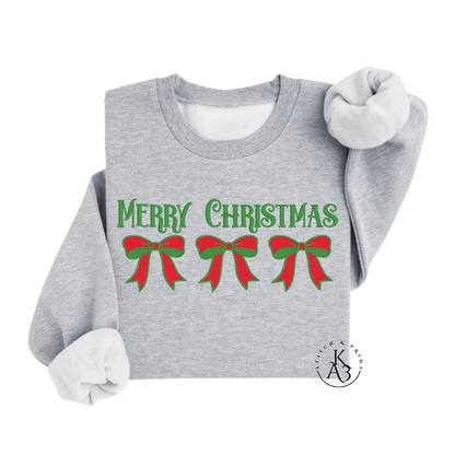 Light Gray sweatshirt with an embroidered 'Merry Christmas' text and red and green bows on a white background